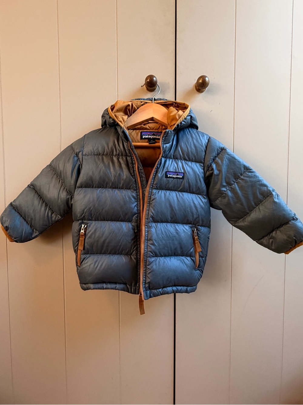 Patagonia Kids Hooded Puffer Jacket - Slate Blue with Tan Accents